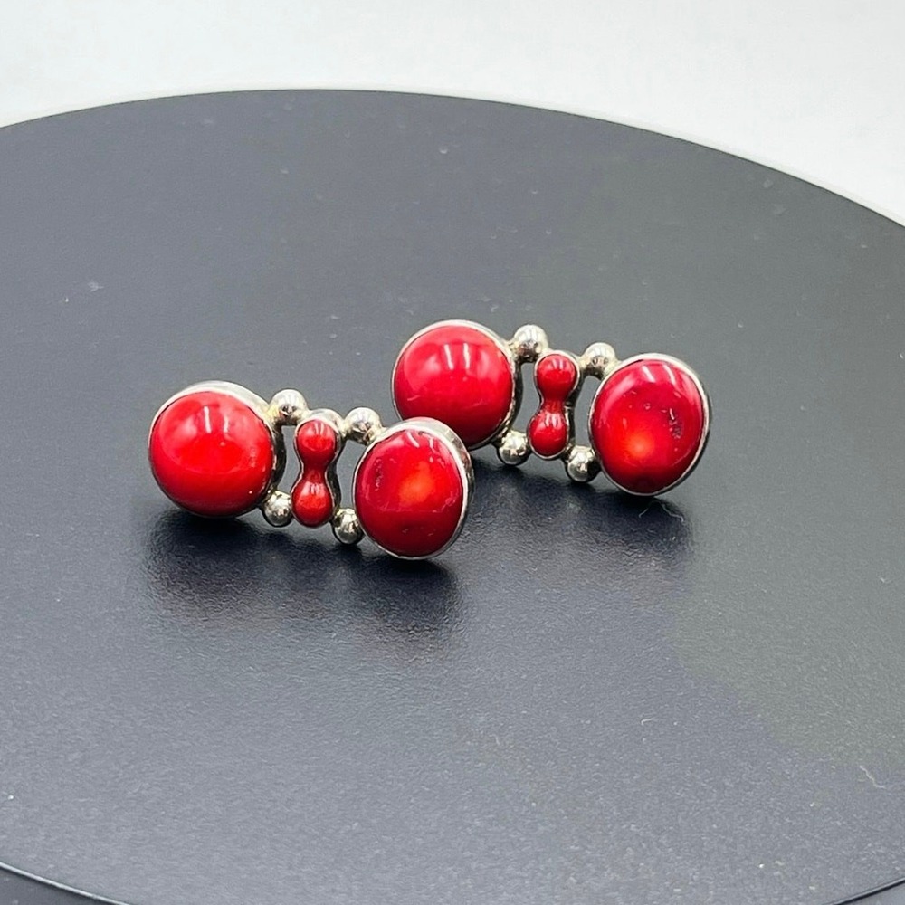 Vintage 950 Mexican Taxco Sterling Silver Red Coral Drop Post Earrings Style